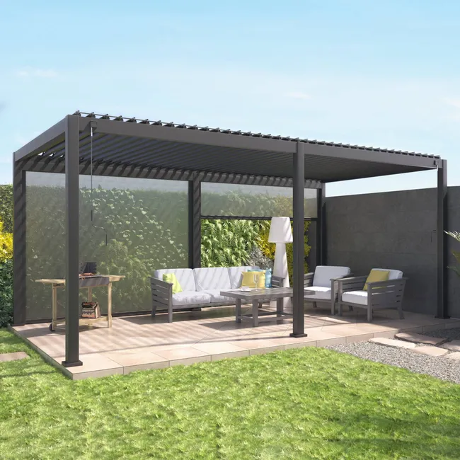 Pergola Bioclimatica grigio antracite 300x600cm. alluminio a lamelle orientabili + 2 tende 3m TRIOMPHE 6X3M + 2 STORES 3M