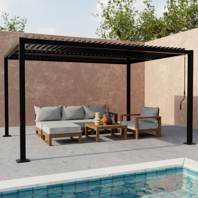 Pergola bioclimatica nero. alluminio e acciaio. 3x4m. lamelle orientabili PALACE 4X3M